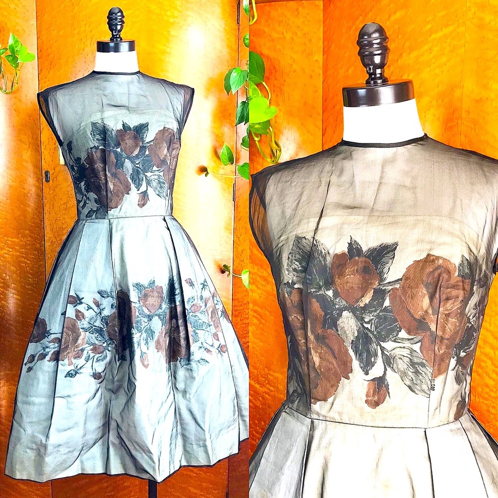 ROSE PRINT 1950’s 50s Vintage New Look Party Prom Cocktail Evening Dress S